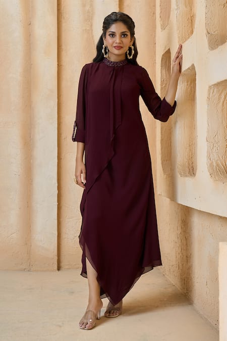 Aariyana Couture_Wine Viscose, Georgette Embroidery Mandarin Collar Overlapped Panelled Tunic_at_Aza_Fashions