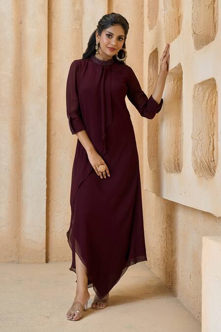 Buy_Aariyana Couture_Wine Viscose, Georgette Embroidery Mandarin Collar Overlapped Panelled Tunic