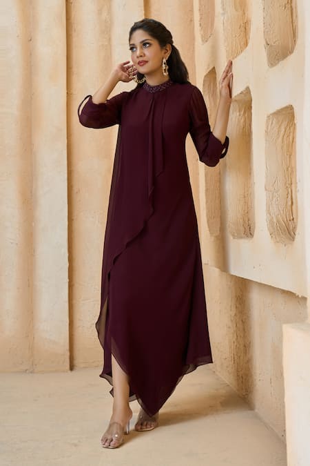 Shop_Aariyana Couture_Wine Viscose, Georgette Embroidery Mandarin Collar Overlapped Panelled Tunic