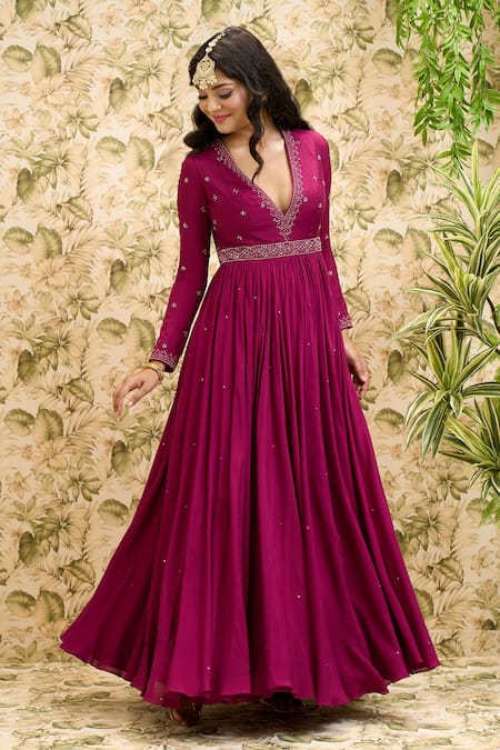 Shop Aariyana Couture Purple Viscose, Modal, Net Sequins, Beads Plunge Neck And Work Anarkali Set Shop_Aariyana Couture_Purple Viscose, Modal, Net Sequins, Beads Plunge Neck And Work Anarkali Set