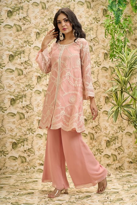 Shop_Aariyana Couture_Peach Organza, Viscose, Georgette Embroidery Round Jaal Kurta And Flared Pant Set