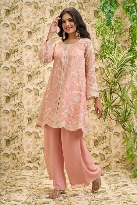 Aariyana Couture_Peach Organza, Viscose, Georgette Embroidery Round Jaal Kurta And Flared Pant Set_Online_at_Aza_Fashions