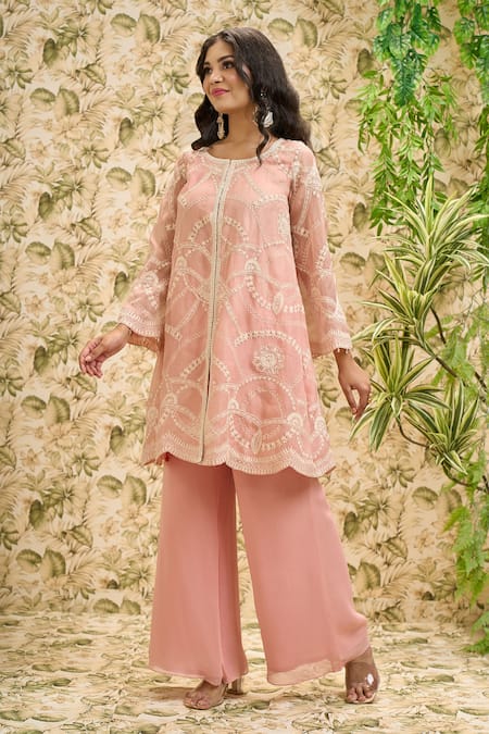 Buy_Aariyana Couture_Peach Organza, Viscose, Georgette Embroidery Round Jaal Kurta And Flared Pant Set_Online_at_Aza_Fashions
