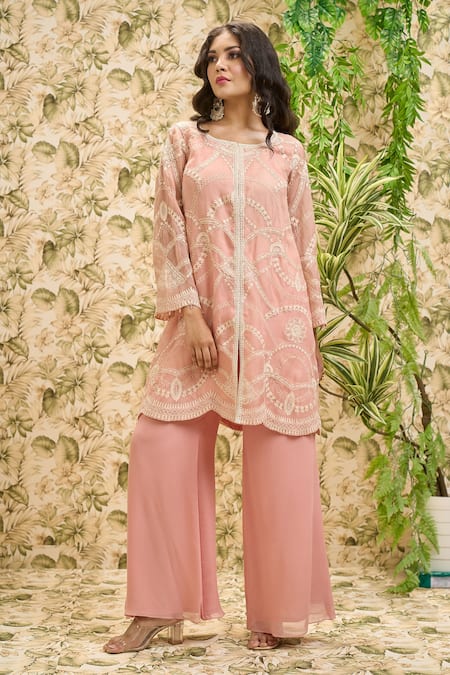 Shop_Aariyana Couture_Peach Organza, Viscose, Georgette Embroidery Round Jaal Kurta And Flared Pant Set_Online_at_Aza_Fashions
