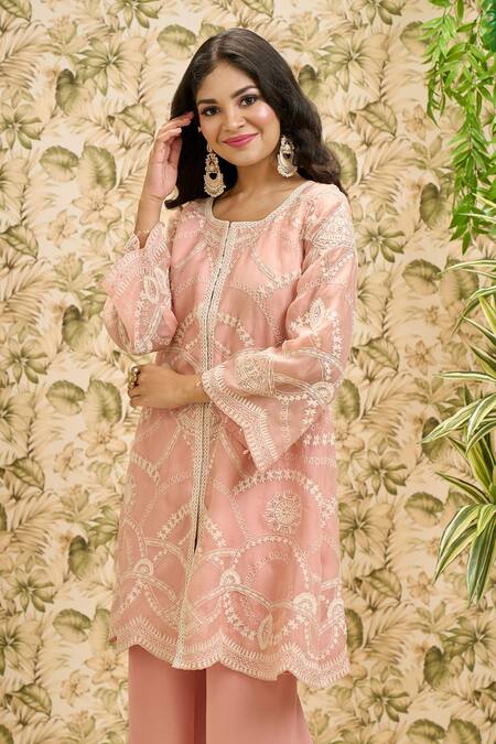 Aariyana Couture_Peach Organza, Viscose, Georgette Embroidery Round Jaal Kurta And Flared Pant Set_at_Aza_Fashions