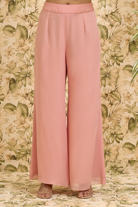 Buy_Aariyana Couture_Peach Organza, Viscose, Georgette Embroidery Round Jaal Kurta And Flared Pant Set