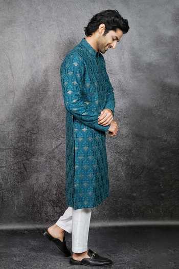 Kasbah_Green Silk Embroidery Mirror Kurta Set _Online_at_Aza_Fashions