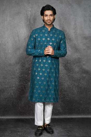 Buy_Kasbah_Green Silk Embroidery Mirror Kurta Set _Online_at_Aza_Fashions