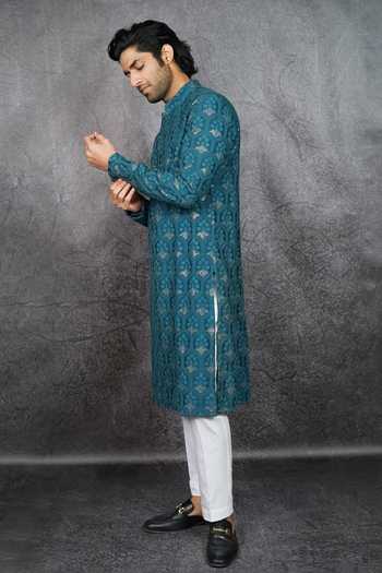 Shop_Kasbah_Green Silk Embroidery Mirror Kurta Set _Online_at_Aza_Fashions