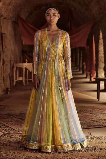 Itrh_Multi Color Cotton Lycra, Silk Organza Printed Angrakha Set_Online_at_Aza_Fashions
