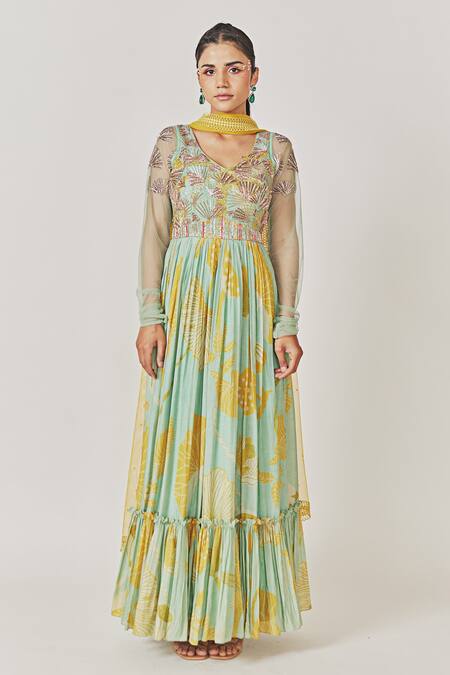 Anu Pellakuru_Green Muslin, Silk Embroidery, Foliage Pattern Anarkali With Contrast Dupatta_at_Aza_Fashions