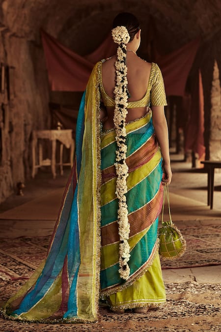 Shop_Itrh_Multi Color Organza Chanderi Saree With Blouse_at_Aza_Fashions