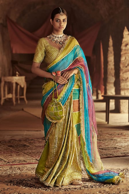Itrh_Multi Color Organza Chanderi Saree With Blouse_Online_at_Aza_Fashions
