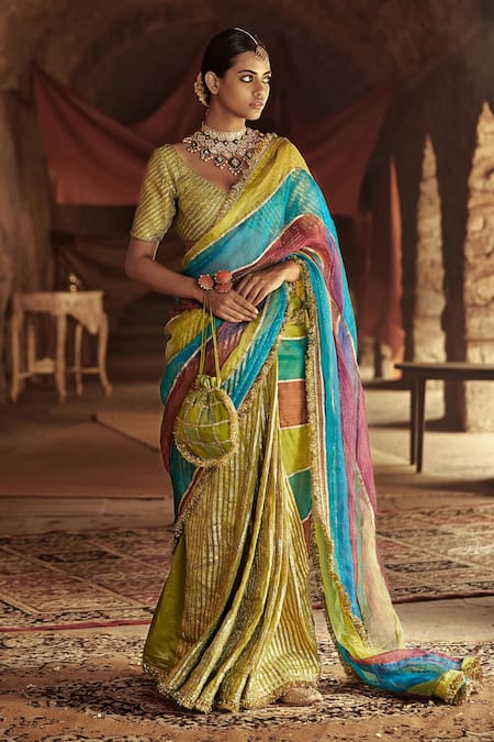 Buy_Itrh_Multi Color Organza Chanderi Saree With Blouse_Online_at_Aza_Fashions