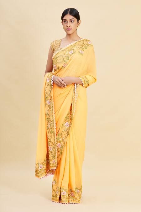 Buy_Pallavi Jaikishan_Yellow Georgette Embroidered Saree_Online_at_Aza_Fashions