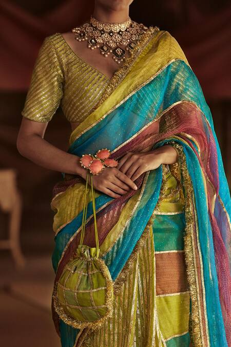 Shop_Itrh_Multi Color Organza Chanderi Saree With Blouse_Online_at_Aza_Fashions