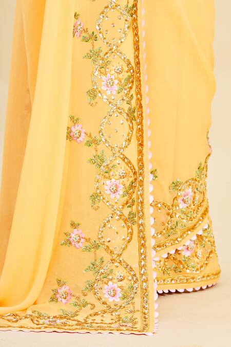 Shop_Pallavi Jaikishan_Yellow Georgette Embroidered Saree_Online_at_Aza_Fashions