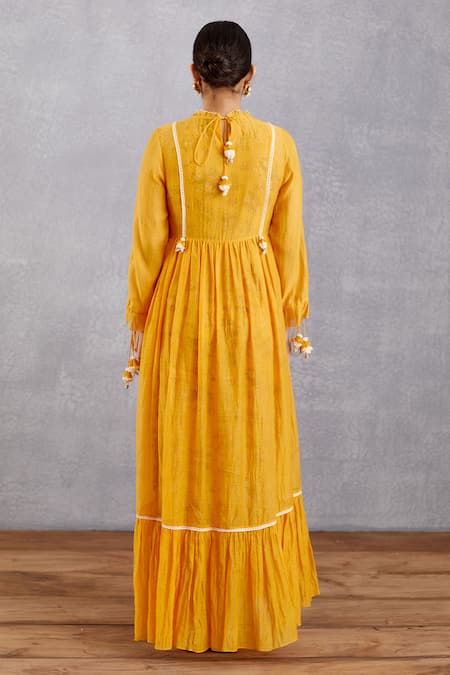 Shop Torani Yellow Handwoven Thin Chanderi Slip Cotton Silk Sunehra Adeena Maxi Dress at Aza Fashions Shop_Torani_Yellow Handwoven Thin Chanderi Slip Cotton Silk Sunehra Adeena Maxi Dress _at_Aza_Fashions