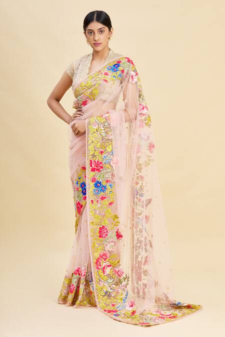 Shop_Pallavi Jaikishan_Pink Net Embroidered Saree_Online_at_Aza_Fashions