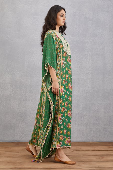 Torani_Green Cotton Silk, Handwoven Chanderi Round Panna Madno Kaftan _Online_at_Aza_Fashions
