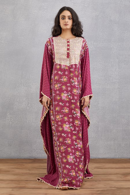 Torani_Red Cotton Silk, Handwoven Chanderi Round Manika Madno Kaftan _Online_at_Aza_Fashions