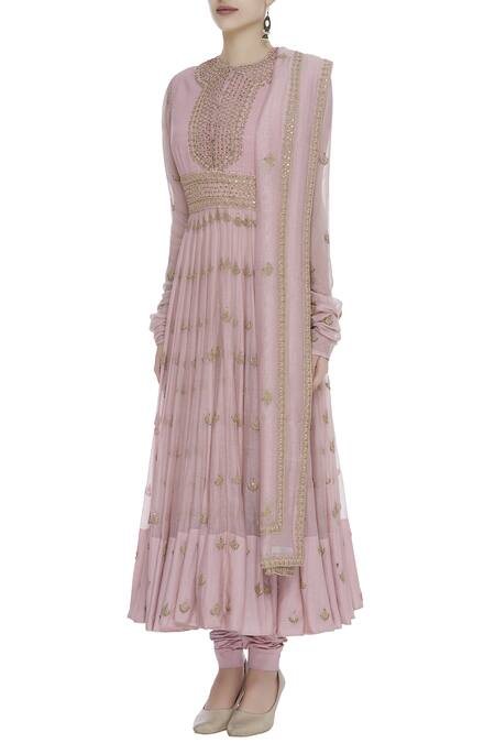 Anamika Khanna_Pink Zardozi Embroidered Anarkali Set_Online_at_Aza_Fashions
