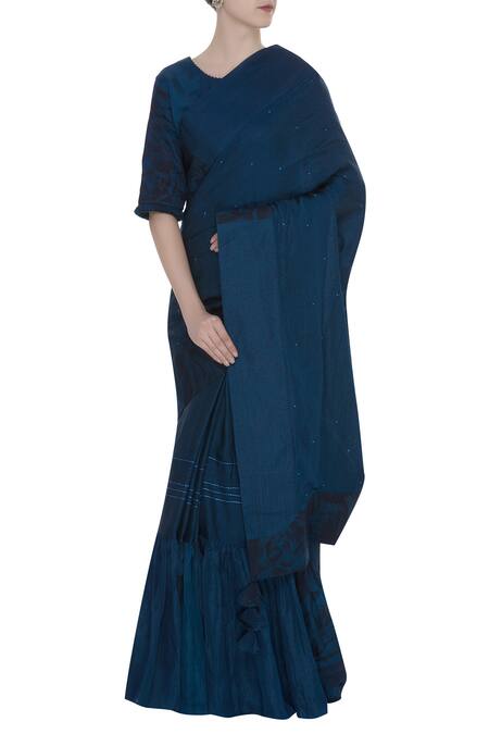 Shagun Manchanda Blue Linen Abstract Printed And Pleated Frill Saree Online at Aza Fashions Shagun Manchanda_Blue Linen Abstract Printed And Pleated Frill Saree _Online_at_Aza_Fashions