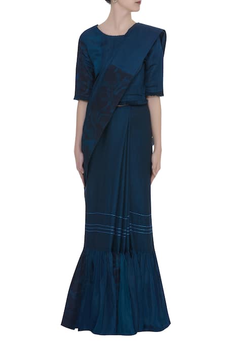 Buy Shagun Manchanda Blue Linen Abstract Printed And Pleated Frill Saree Online at Aza Fashions Buy_Shagun Manchanda_Blue Linen Abstract Printed And Pleated Frill Saree _Online_at_Aza_Fashions