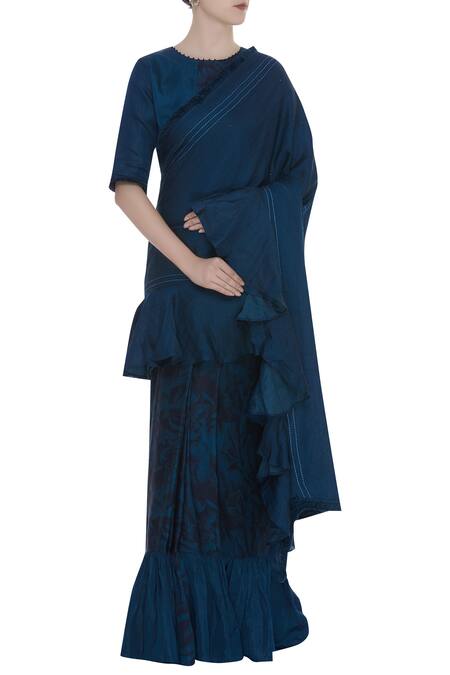 Shagun Manchanda Blue Satin Linen Abstract And Ruffle Saree With Thread Embroidery Online at Aza Fashions Shagun Manchanda_Blue Satin Linen Abstract And Ruffle Saree With Thread Embroidery _Online_at_Aza_Fashions