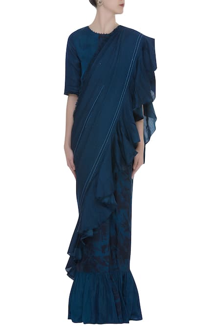 Buy Shagun Manchanda Blue Satin Linen Abstract And Ruffle Saree With Thread Embroidery Online at Aza Fashions Buy_Shagun Manchanda_Blue Satin Linen Abstract And Ruffle Saree With Thread Embroidery _Online_at_Aza_Fashions