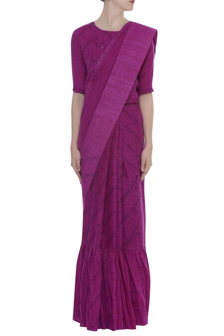 Buy_Shagun Manchanda_Pink Satin Linen Abstract Printed Pleated Frill Saree  _Online_at_Aza_Fashions