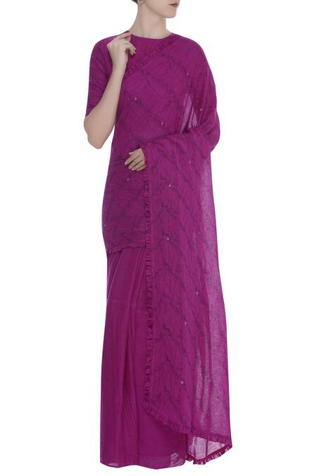 Shagun Manchanda_Pink Satin Linen Floral Printed Saree With Ruffle Border  _Online_at_Aza_Fashions