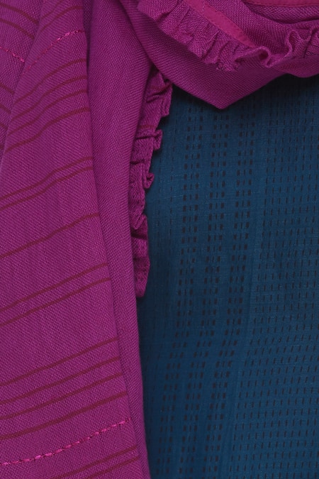 Shagun Manchanda_Pink Linen Thread Work And Ruffle Border Scarf _Online_at_Aza_Fashions