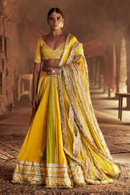 Swati Narula Nohreen Hand Embroidered Lehenga Set | Yellow,  Geometric-floral Pattern, Lehenga, Sweetheart, Half | Aza fashion, Yellow  lehenga, Lehenga