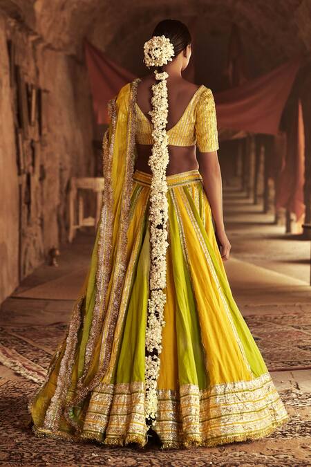 Green Blouse with Pink Lehenga and Yellow dupatta set – Megha and Jigar