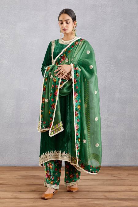 Torani_Green Velvet, Cotton Silk, Kurta And Salwar Velvet, Voile Panna Gulnaz Set _Online_at_Aza_Fashions