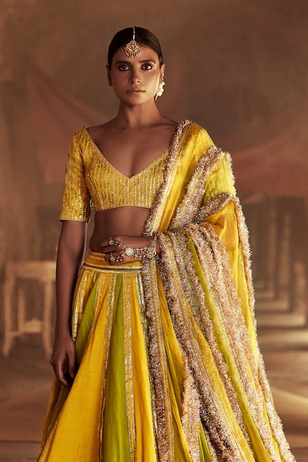 Itrh_Yellow Organza, Linen Panelled Lehenga Set_Online_at_Aza_Fashions