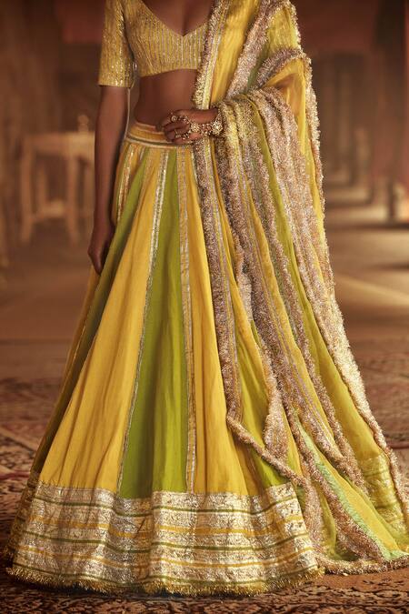 Buy_Itrh_Yellow Organza, Linen Panelled Lehenga Set_Online_at_Aza_Fashions