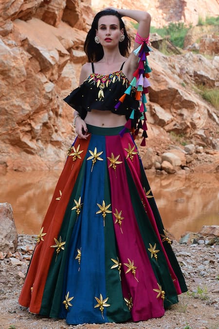 Xoxo Apurva Multi Color Silk Chanderi V Neck 3d Embroidered Lehenga Set 