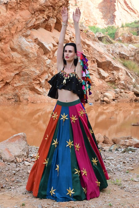 Shop Xoxo Apurva Multi Color Silk Chanderi V Neck 3d Embroidered Lehenga Set at Aza Fashions Shop_Xoxo Apurva_Multi Color Silk Chanderi V Neck 3d Embroidered Lehenga Set _at_Aza_Fashions