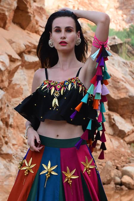 Xoxo Apurva Multi Color Silk Chanderi V Neck 3d Embroidered Lehenga Set Online at Aza Fashions Xoxo Apurva_Multi Color Silk Chanderi V Neck 3d Embroidered Lehenga Set _Online_at_Aza_Fashions