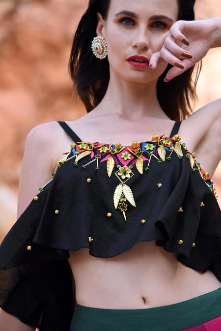 Buy Xoxo Apurva Multi Color Silk Chanderi V Neck 3d Embroidered Lehenga Set Online at Aza Fashions Buy_Xoxo Apurva_Multi Color Silk Chanderi V Neck 3d Embroidered Lehenga Set _Online_at_Aza_Fashions