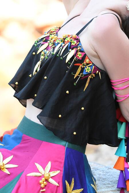 Shop Xoxo Apurva Multi Color Silk Chanderi V Neck 3d Embroidered Lehenga Set Online at Aza Fashions Shop_Xoxo Apurva_Multi Color Silk Chanderi V Neck 3d Embroidered Lehenga Set _Online_at_Aza_Fashions