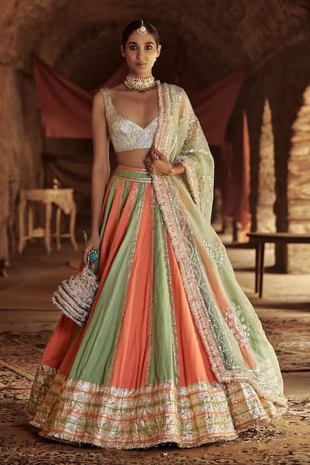 Lime Green Blouse With Ivory Lehenga With Peach Dupatta
