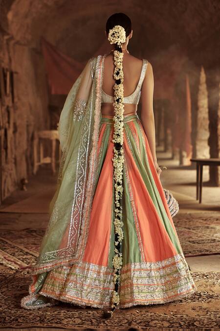Shop_Itrh_Green Linen Panelled Lehenga Set_at_Aza_Fashions