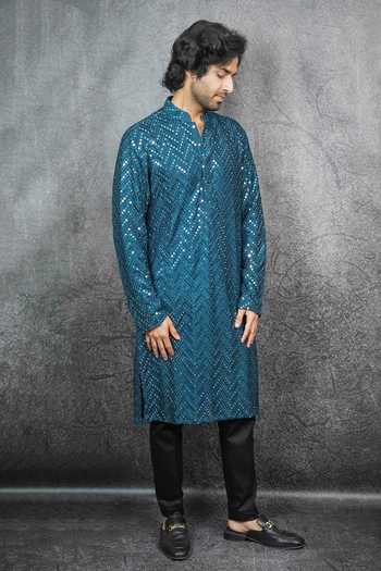Kasbah Blue Georgette, Cotton Mirrors Embroidered Kurta Set Online at Aza Fashions Kasbah_Blue Georgette, Cotton Mirrors Embroidered Kurta Set _Online_at_Aza_Fashions