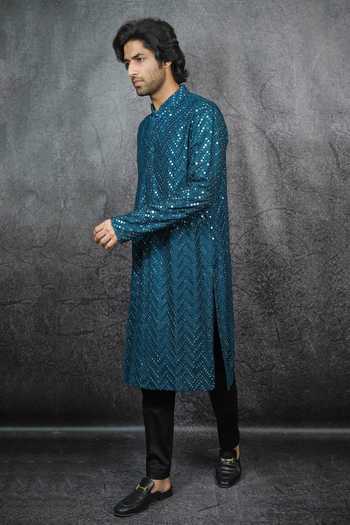 Buy Kasbah Blue Georgette, Cotton Mirrors Embroidered Kurta Set Online at Aza Fashions Buy_Kasbah_Blue Georgette, Cotton Mirrors Embroidered Kurta Set _Online_at_Aza_Fashions