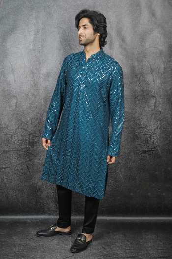 Shop Kasbah Blue Georgette, Cotton Mirrors Embroidered Kurta Set Online at Aza Fashions Shop_Kasbah_Blue Georgette, Cotton Mirrors Embroidered Kurta Set _Online_at_Aza_Fashions