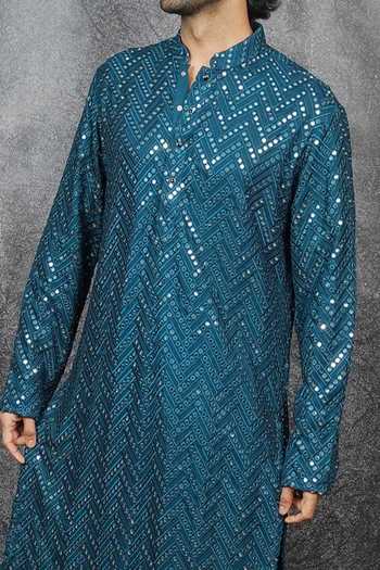 Kasbah Blue Georgette, Cotton Mirrors Embroidered Kurta Set at Aza Fashions Kasbah_Blue Georgette, Cotton Mirrors Embroidered Kurta Set _at_Aza_Fashions