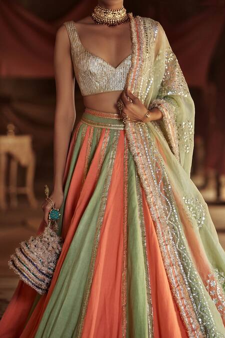 Buy_Itrh_Green Linen Panelled Lehenga Set_Online_at_Aza_Fashions